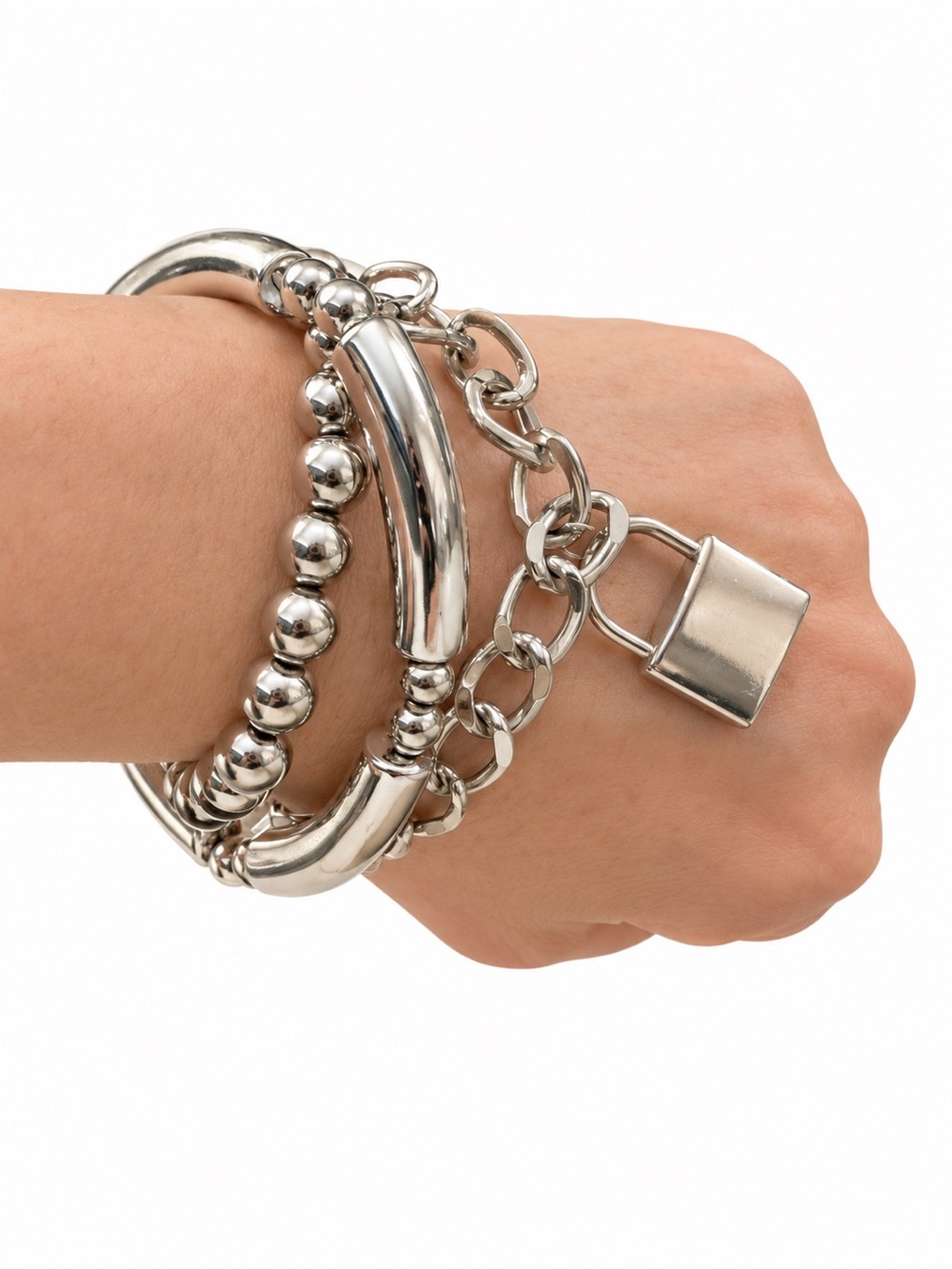 Brand New 3-Piece Silver-Tone Bracelet Set Padlock Charm Layered Stack